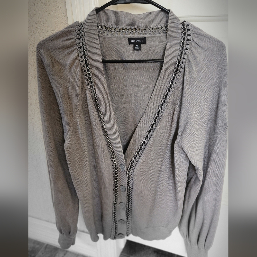 Nine West Gray Cardigan Sweater with Chain Accent Size XL